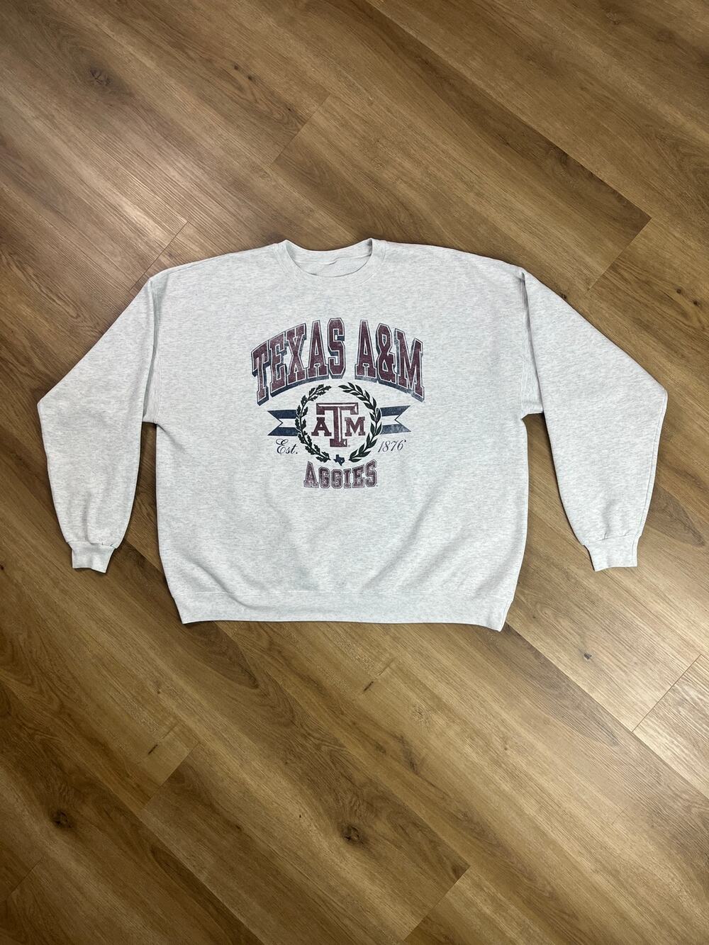 Vintage Texas A&M Aggies Crewneck Sweatshirt Gray Est. 1876 Wreath Logo XL